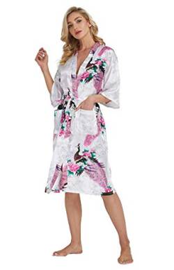 Westkun Damen Kimono Morgenmantel Lange Satin Bademantel Sexy Pfau Gedruckt Strickjacke Kimono Lang Robe Nachtwäsche Nachthemd für Braut Schlafanzug Party 3/4 Arm(Weiß,L) von Westkun