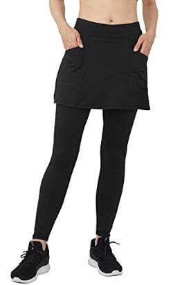 Westkun Damen Leggings mit Kurz Rock Knöchelläng Laufhose mit Taschen und Außentaschen Beiläufig Trainieren Draußen Yoga Sport Soft Rockhose 2-in-1(A Schwarz-kurzerrock,M) von Westkun