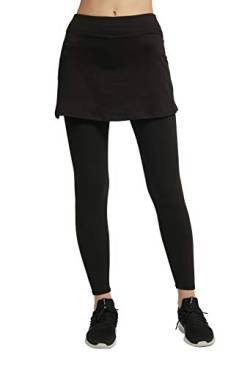 Westkun Damen Leggings mit Rock Knöchelläng Laufhose Tennisrock mit Taschen Yoga Sport Soft Rockhose Tennisbekleidung 2-in-1(Schwarz,S) von Westkun