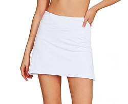 Westkun Damen Mini Tennis Skorts Sommer Tennisrock Sport Golfrock mit Tasche & Innenhose Laufen Tennis Golf Röcke Hoher Taille Sportröcke Hosenrock Weiß M von Westkun