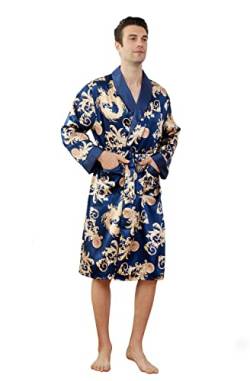 Westkun Herren Morgenmantel Kimono Bademantel Satin Lang Nachtwäsche Robe Strickjacke Japanische Pyjamas Nachtwäsche V Ausschnitt mit Taschen und Gürtel(Gedrucktes Dunkelblau,3XL) von Westkun