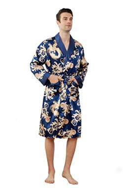 Westkun Herren Morgenmantel Kimono Bademantel Satin Lang Nachtwäsche Robe Strickjacke Japanische Pyjamas Nachtwäsche V Ausschnitt mit Taschen und Gürtel(Gedrucktes Dunkelblau,L) von Westkun