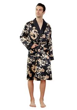 Westkun Herren Morgenmantel Kimono Bademantel Satin Lang Nachtwäsche Robe Strickjacke Japanische Pyjamas Nachtwäsche V Ausschnitt mit Taschen und Gürtel(Gedrucktes Schwarz,L) von Westkun