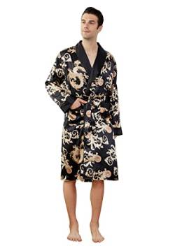 Westkun Herren Morgenmantel Kimono Bademantel Satin Lang Nachtwäsche Robe Strickjacke Japanische Pyjamas Nachtwäsche V Ausschnitt mit Taschen und Gürtel(Gedrucktes Schwarz,XL) von Westkun