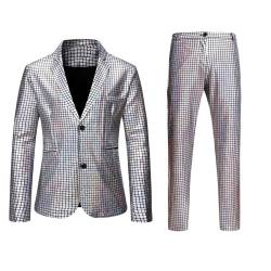 Westmall Zweiteiliger Herren Metallic Pailletten Slim Suit 70er Jahre Disco Outfit für Männer Prom Kostüm, Weiss/opulenter Garten, 3XL von Westmall