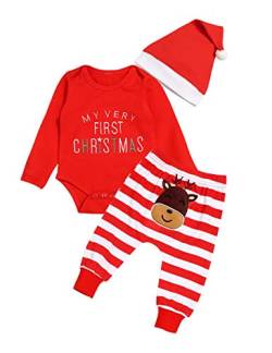 Ttkgyoe Mein erstes Weihnachten Baby Mädchen Jungen Red Romper mit Streifen Hosen und Hut 3Pcs Newborn Outfit Set,Rot,6-12 Monate (Etikette 90) von Wexuua