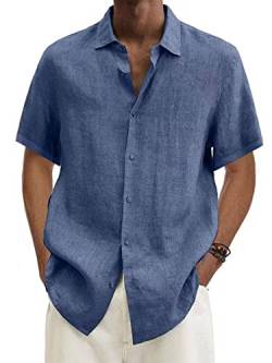 Weyalir Herren Basic Hemd Kurzärmliges Leinenhemd ideal für den Sommer Blau L von Weyalir