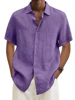 Weyalir Herren Basic Hemd Kurzärmliges Leinenhemd ideal für den Sommer Violett 3XL von Weyalir