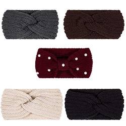 Whaline 5 Stück Strick Stirnbänder Winter Ohrwärmer, 4 Elastische Turban Kopfwickel und 1 Perle Häkelhaarband, Haar Haargummis, Schals für Frauen Mädchen (Herbst Winter Farben) von Whaline