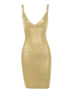 Whoinshop Damen Ärmelloses V-Ausschnit Kleid Folien-Druck Strecken Bandage Bodycon PartyKleid Gold L von Whoinshop