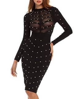 Whoinshop Damen Langarm Bodycon Kleid Studded Bandage PartyKleid mit Bloßen Ineinander Greifen Schwarz M von Whoinshop