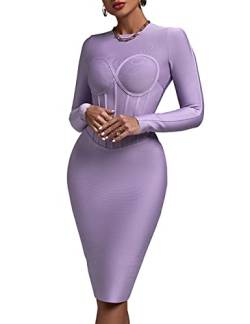 whoinshop Damen Langarm Bodycon Celebrity Knielang Party Club Bandage Kleid, violett, X-Groß von Whoinshop