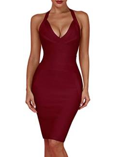 whoinshop Damen Tiefer V-Ausschnitt Rückenfrei Neckholder Bodycon Cocktail Party Bandage Kleid, wein, Klein von Whoinshop