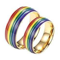 Whoiy Eheringe 8mm, Couple Ringe Passend Edelstahl 2 Stück Goldener LGBT-Ring mit Regenbogen-Emaille Gravur Personalisiert von Whoiy
