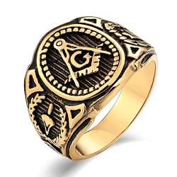 Whoiy Eheringe Edelstahl Gold, Vintage Ringe 17mm Punk Ringe Männer Freimaurer G Freimaurer Ringgröße 65 (20.7) Gravierbar von Whoiy