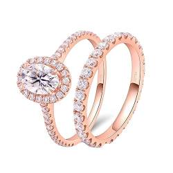 Whoiy Hochzeitsringe Ringe Rosegold, Echt Gold Verlobungsring 14 Karat Oval 2Pcs Set Eheringe Halo Trauringe 585 Damenringe 1ct Moissanit Größe 58 (18.5) von Whoiy