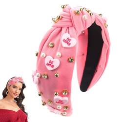 Whrcy Valentins-Haarband für Damen, geknotete Stirnbänder für Frauen, Perlenband, Perlenlove-Herz, Kristall-Schmuck für Frauen von Whrcy