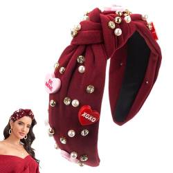 Whrcy Valentinstag-Stirnband, geknüpfte Stirnbänder für Frauen – Kopfbedeckung mit Schleife aus Perlen und Perlen, verziert mit Kristall-Schmuck für Damen von Whrcy