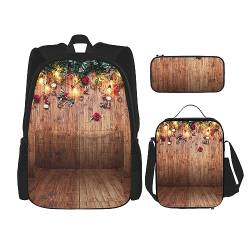 3-in-1-Rucksack mit Blättern und Blumen auf rustikalem Holz, Schultasche für Teenager, Mädchen, Damen, Laptop-Rucksack mit Lunch-Tasche, Federmäppchen, Schwarz , Einheitsgröße von WiNwon