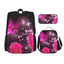 3-in-1-Rucksack mit pinken Blumen und Schmetterlingen, für Kinder, Schultasche für Teenager, Mädchen, Damen, Laptop-Rucksack mit Lunch-Tasche, Federmäppchen, Schwarz , Einheitsgröße von WiNwon