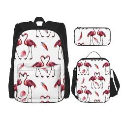 3-in-1-Rucksack mit pinken Flamingos, Schultasche für Teenager, Mädchen, Damen, Laptop-Rucksack mit Lunch-Tasche, Federmäppchen, Schwarz , Einheitsgröße von WiNwon