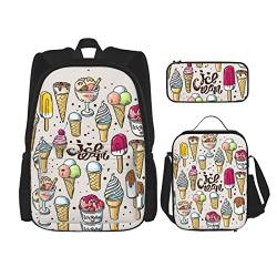 Eiscreme-Rucksack-Set, 3-in-1, Kinder-Schultasche für Teenager, Mädchen, Damen, Laptop-Rucksack mit Lunch-Tasche, Federmäppchen, Schwarz , Einheitsgröße von WiNwon