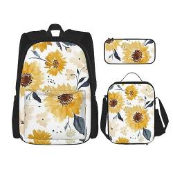 Fresh Sunflower Rucksack Set 3-in-1 Kinder Schultasche für Teenager Mädchen Damen Laptop Rucksack mit Mittagessen Tasche Federmäppchen, Schwarz , Einheitsgröße von WiNwon
