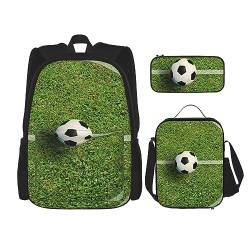 Grünes Gras-Fußball-Rucksack-Set, 3-in-1, Kinder-Schultasche für Teenager, Mädchen, Damen, Laptop-Rucksack mit Lunch-Tasche, Federmäppchen, Schwarz , Einheitsgröße von WiNwon