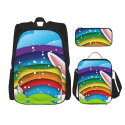 Happy Easter Bunny Rucksack-Set, 3-in-1, Kinder-Schultasche für Teenager, Mädchen, Damen, Laptop-Rucksack mit Lunch-Tasche, Federmäppchen, Schwarz , Einheitsgröße von WiNwon