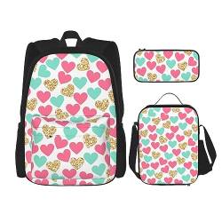 Herz-Rucksack-Set, 3-in-1, Kinder-Schultasche für Teenager, Mädchen, Damen, Laptop-Rucksack mit Lunch-Tasche, Federmäppchen, Schwarz , Einheitsgröße von WiNwon
