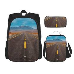 Highway Road in Desert Landscape Rucksack-Set 3-in-1 Kinder Schultasche für Teenager Mädchen Damen Laptop Rucksack mit Lunchtasche Federmäppchen, Schwarz , Einheitsgröße von WiNwon