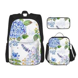 Hortensie Aquarell-Rucksack-Set, 3-in-1, Kinder-Schultasche für Teenager, Mädchen, Damen, Laptop-Rucksack mit Lunch-Tasche, Federmäppchen, Schwarz , Einheitsgröße von WiNwon