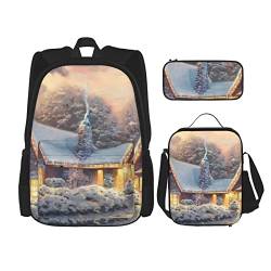 House in Snow Rucksack-Set, 3-in-1, Kinder-Schultasche für Teenager, Mädchen, Damen, Laptop-Rucksack mit Lunch-Tasche, Federmäppchen, Schwarz , Einheitsgröße von WiNwon