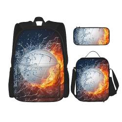 Ice and Fire Volleyball-Rucksack-Set, 3-in-1, Kinder-Schultasche für Teenager, Mädchen, Damen, Laptop-Rucksack mit Lunch-Tasche, Federmäppchen, Schwarz , Einheitsgröße von WiNwon