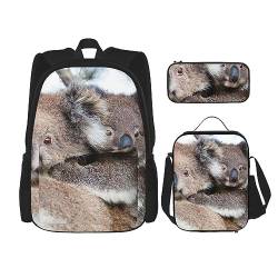 Koalabär-Rucksack-Set, 3-in-1, Kinder-Schultasche für Teenager, Mädchen, Damen, Laptop-Rucksack mit Lunch-Tasche, Federmäppchen, Schwarz , Einheitsgröße von WiNwon