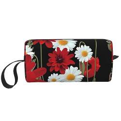 Kosmetiktasche mit roten Blumen und weißen Gänseblümchen, tragbar, wasserdicht, Aufbewahrungstasche, Reise-Kulturbeutel, Organizer-Tasche für Damen, weiß, Einheitsgröße von WiNwon