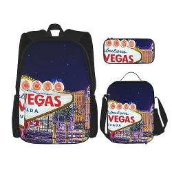 Las Vegas Night City Rucksack-Set, 3-in-1, Kinder-Schultasche für Teenager, Mädchen, Damen, Laptop-Rucksack mit Lunch-Tasche, Federmäppchen, Schwarz , Einheitsgröße von WiNwon