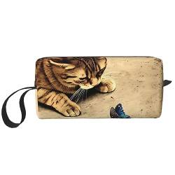 Lustige braune Katzen-Druck-Make-up-Tasche, Kosmetiktasche, tragbare wasserdichte Aufbewahrungstasche, Reise-Kultur-Organizer-Tasche für Frauen, weiß, Einheitsgröße von WiNwon