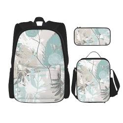 Mintgraues Blätter-Rucksack-Set, 3-in-1, Kinder-Schultasche für Teenager, Mädchen, Damen, Laptop-Rucksack mit Lunch-Tasche, Federmäppchen, Schwarz , Einheitsgröße von WiNwon