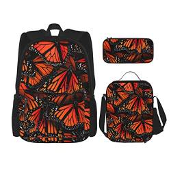 Monarch Butterflies Rucksack Set 3-in-1 Kinder Schultasche für Teenager Mädchen Damen Laptop Rucksack mit Lunchtasche Federmäppchen, Schwarz , Einheitsgröße von WiNwon