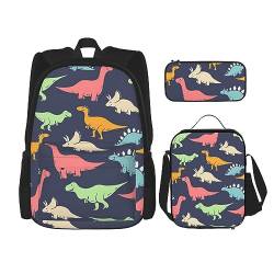 Monster Dinosaurier Rucksack Set 3-in-1 Kinder Schultasche für Teenager Mädchen Damen Laptop Rucksack mit Lunchtasche Federmäppchen, Schwarz , Einheitsgröße von WiNwon