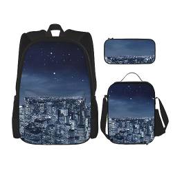 Moon Light New York City Rucksack-Set, 3-in-1, Kinder-Schultasche für Teenager, Mädchen, Damen, Laptop-Rucksack mit Lunch-Tasche, Federmäppchen, Schwarz , Einheitsgröße von WiNwon