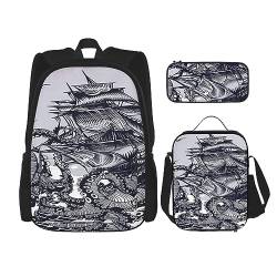 Octopus Tentakel mit Schiffsrucksack Set 3-in-1 Kinder Schultasche für Teenager Mädchen Damen Laptop Rucksack mit Lunchtasche Federmäppchen, Schwarz , Einheitsgröße von WiNwon