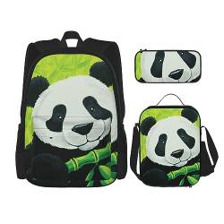 Pandabär-Rucksack-Set, 3-in-1, Kinder-Schultasche für Teenager, Mädchen, Damen, Laptop-Rucksack mit Lunch-Tasche, Federmäppchen, Schwarz , Einheitsgröße von WiNwon