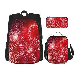 Red Hearts Fireworks Rucksack-Set, 3-in-1, Kinder-Schultasche für Teenager, Mädchen, Damen, Laptop-Rucksack mit Lunch-Tasche, Federmäppchen, Schwarz , Einheitsgröße von WiNwon