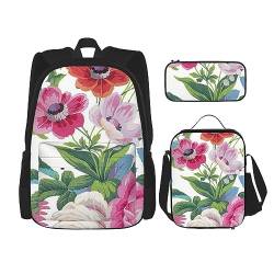 Rucksack-Set mit Gartenblumen-Motiv, 3-in-1, Kinder-Schultasche für Teenager, Mädchen, Damen, Laptop-Rucksack mit Lunch-Tasche, Federmäppchen, Schwarz , Einheitsgröße von WiNwon