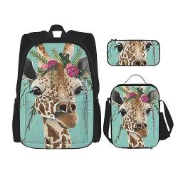 Rucksack mit Giraffe und Blumenmuster, 3-in-1, Kinder-Schultasche für Teenager, Mädchen, Damen, Laptop-Rucksack mit Lunch-Tasche, Federmäppchen, Schwarz , Einheitsgröße von WiNwon