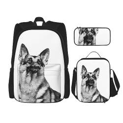 Rucksack mit Motiv Deutscher Schäferhund, 3-in-1, Kinder-Schultasche für Teenager, Mädchen, Damen, Laptop-Rucksack mit Lunch-Tasche, Federmäppchen, Schwarz , Einheitsgröße von WiNwon