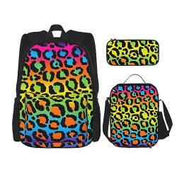 Rucksack mit Regenbogen-Leopardenmuster, 3-in-1, Kinder-Schultasche für Teenager, Mädchen, Damen, Laptop-Rucksack mit Lunch-Tasche, Federmäppchen, Schwarz , Einheitsgröße von WiNwon