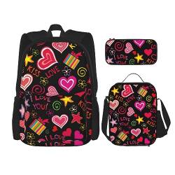 Rucksack mit mehreren Symbolen, 3-in-1, Kinder-Schultasche für Teenager, Mädchen, Damen, Laptop-Rucksack mit Lunch-Tasche, Federmäppchen, Schwarz , Einheitsgröße von WiNwon